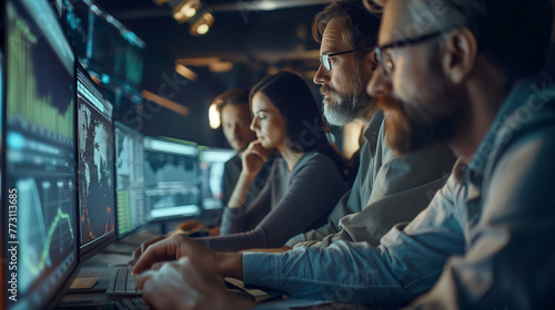 A focused group analyzing complex data sets on multiple screens, the seriousness of their task highlighted by the soft shadows and the concentration evident in their postures, with
