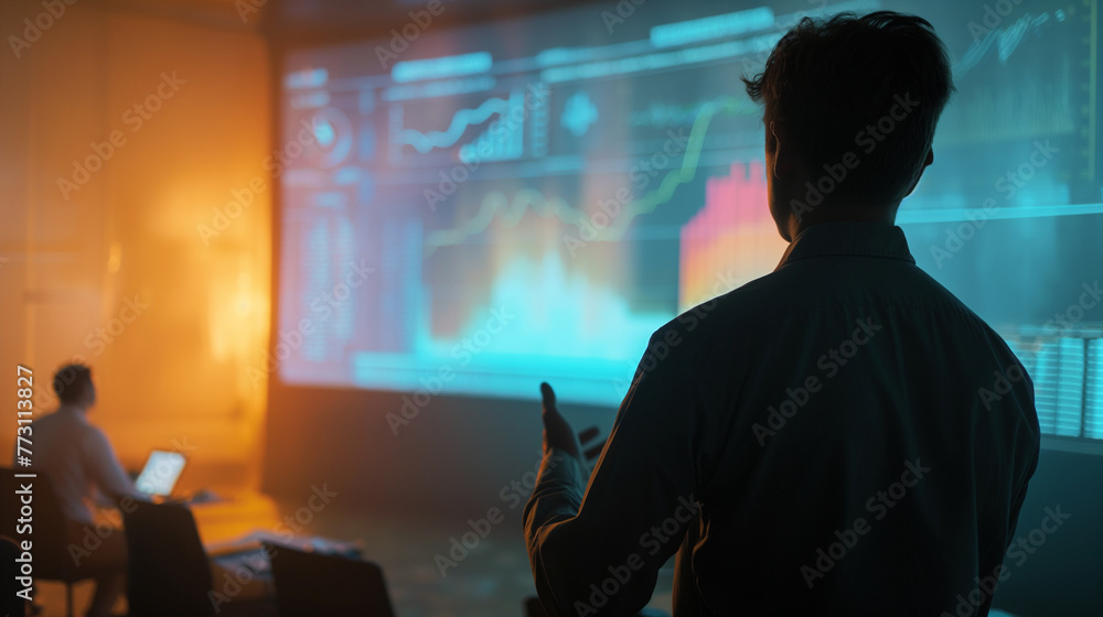 A financial expert presenting a new market analysis technique to peers at a workshop, using a large screen displaying dynamic charts, the room's soft shadows creating an atmosphere A financial expert presenting a new market analysis technique to peers at a workshop, using a large screen displaying dynamic charts, the room's soft shadows creating an atmosphere