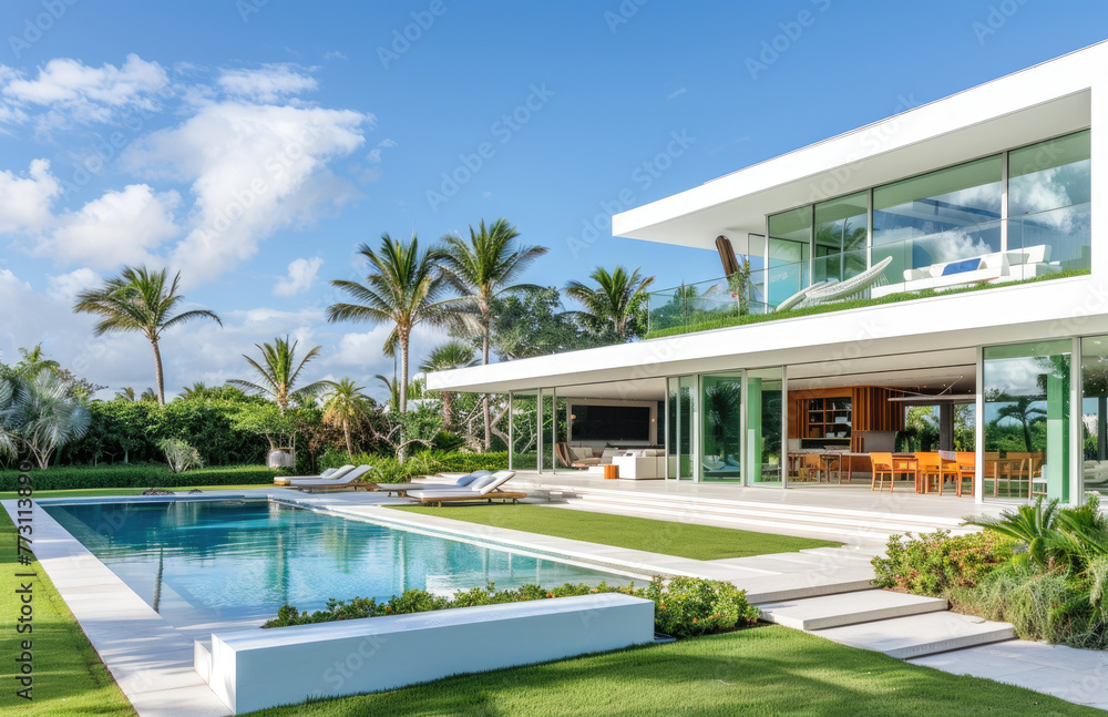 A wide angle photo shows the front view of a modern Bali style villa with a pool. Light wooden accents and white walls decorate the villa