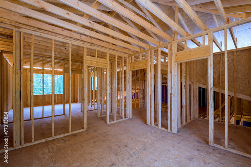 Schilderij op canvas During construction of a new home, unfinished framing beams wooden house area us