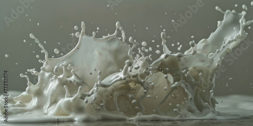 Milk splashes dynamically against a blue background, creating a crown-like shape and droplets in the air. photo