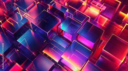 Futuristic Abstract 3D Glass Cubes with Neon Light Reflections Glowing Digital Technology Background