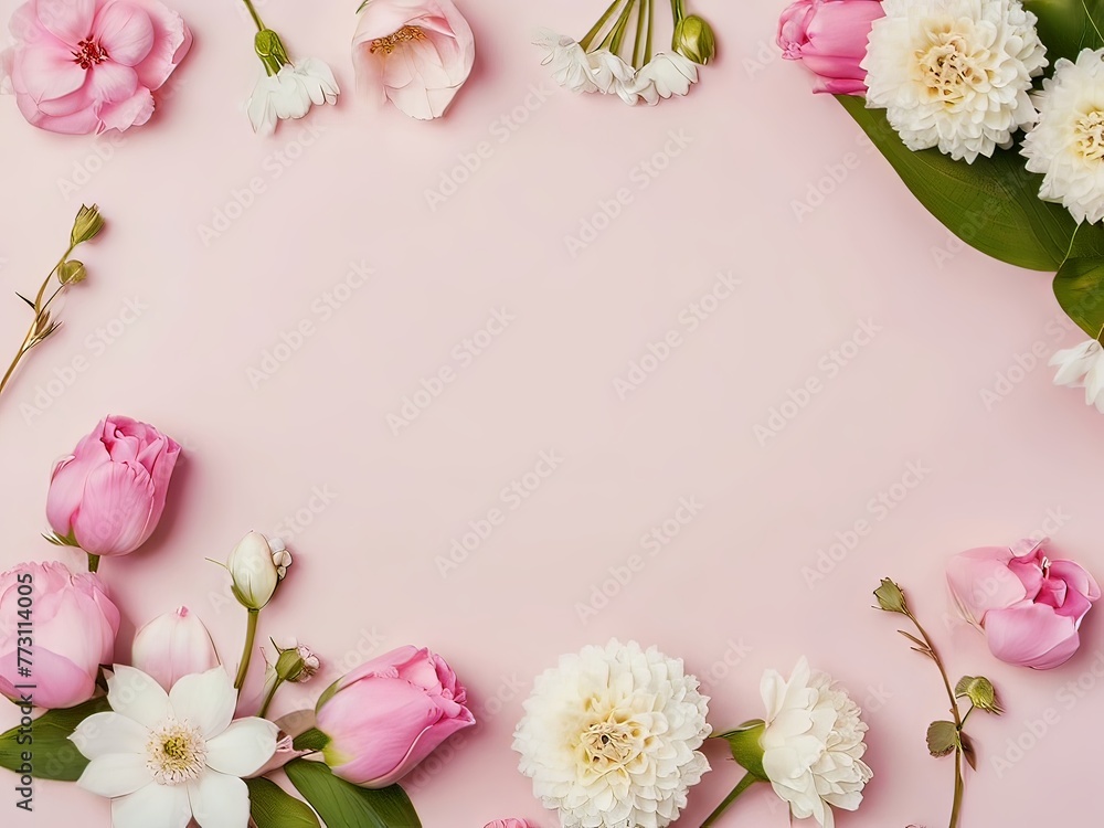 Beautiful flowers on pink background, flat lay. Space for text. AI generated Beautiful flowers on pink background, flat lay. Space for text. AI generated
