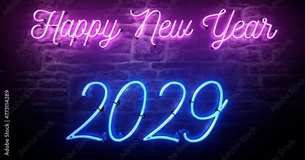 Bright Pink Neon sign that says Happy New Year 2029, new years eve party sign