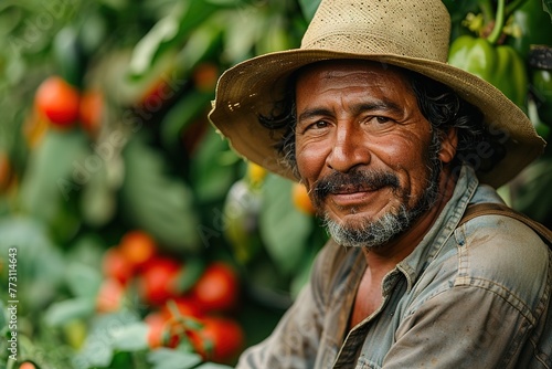 Latin Hispanic smiling male farmer working in the fields, portrait, nice weather