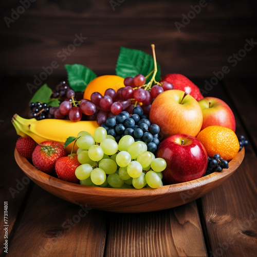 A round wooden plate of fruit with a bunch of grapes and oranges
