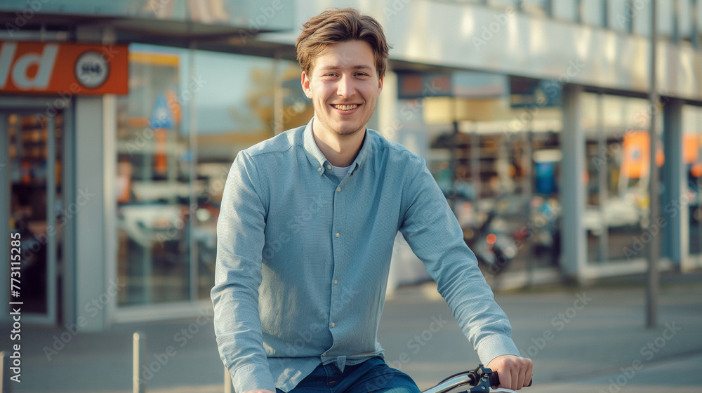 full body shot of a man with short brown hair, happy and smiling, he is standing on his bicycle wearing a light blue long sleeve blouse with closed buttons and dark blue jeans trousers.