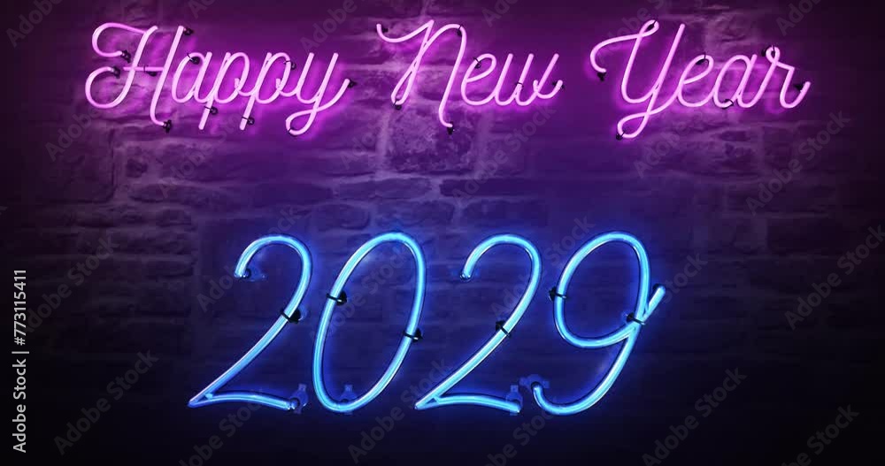 Bright Pink Neon sign that says Happy New Year 2029 the sign turns on with amazing flashing flickering effects, then after 30 seconds it flashes on and off and can also be looped. Bright Pink Neon sign that says Happy New Year 2029 the sign turns on with amazing flashing flickering effects, then after 30 seconds it flashes on and off and can also be looped.