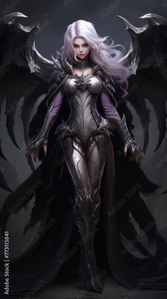girl devil in the hood with horns, long white hair, and large black wings, with bleeding purple eyes, armor dressed, and angry expressions on her face, character fantasy, the devil women