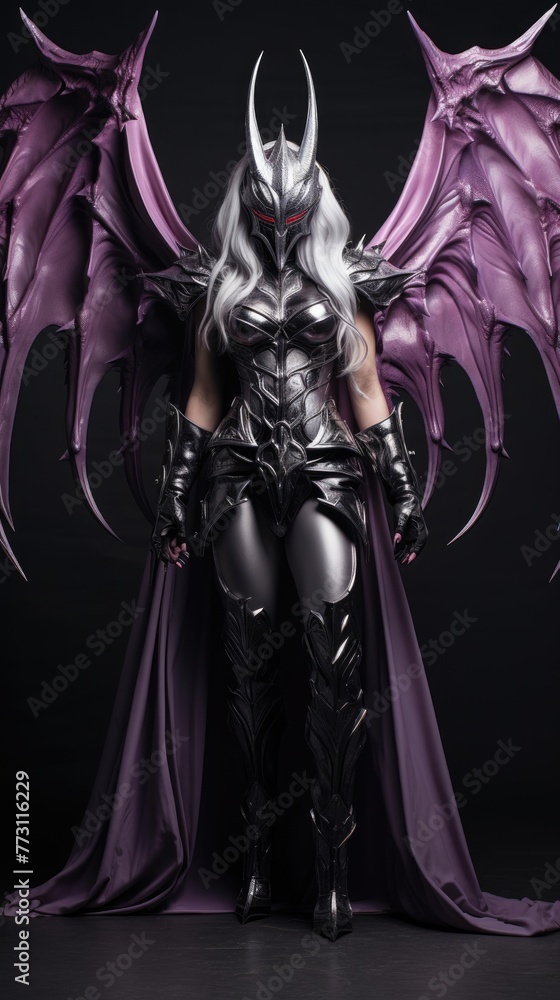 Fototapeta premium girl devil in the hood with horns, long white hair, and large black wings, with bleeding purple eyes, armor dressed, and angry expressions on her face, character fantasy, the devil women