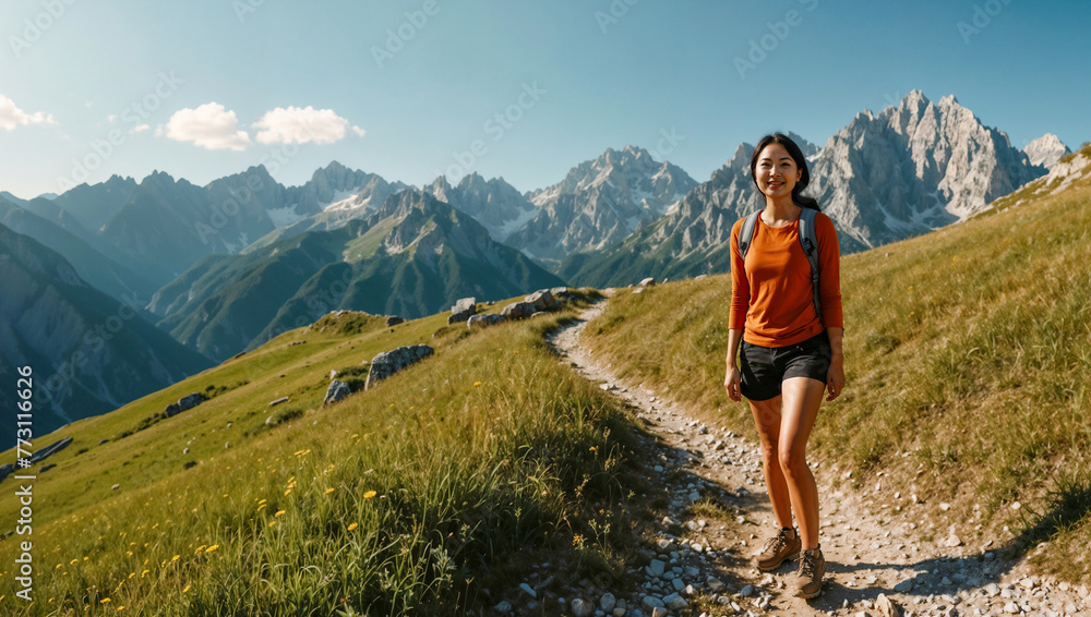 Ragazza di origini asiatichei sorride felice mentre cammina durante un trekking estivo in montagna su un sentiero delle Alpi