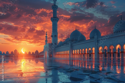 Majestic sunset view through corridors of a mosque