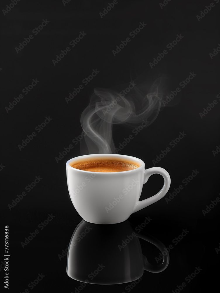 Espresso in a white espresso cup, Steam rising to the top of the cup, Photo reflecting the cup Espresso in a white espresso cup, Steam rising to the top of the cup, Photo reflecting the cup