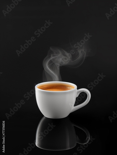 Espresso in a white espresso cup, Steam rising to the top of the cup, Photo reflecting the cup