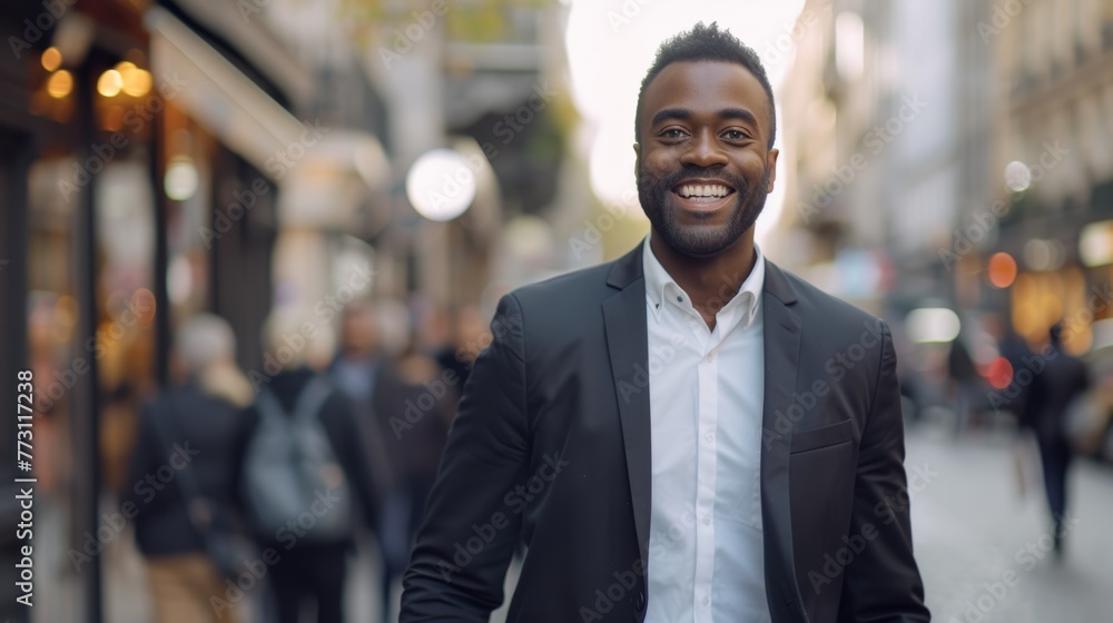 portrait of a handsome smiling young businessman boss in a black suit walking on a city street to his company office. blurry street background, confident portrait of a handsome smiling young businessman boss in a black suit walking on a city street to his company office. blurry street background, confident