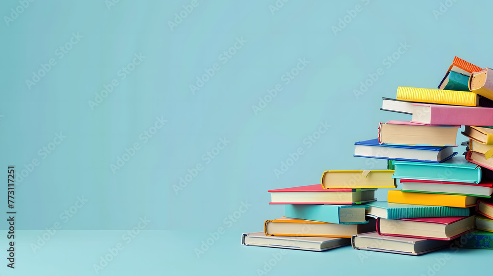 Bright color books stacked on top of each other, in light blue plain background with copy space Bright color books stacked on top of each other, in light blue plain background with copy space