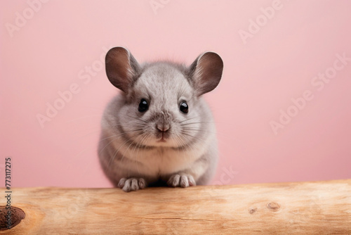 A baby chinchilla with velvety fur, perched on a wooden log, against a muted pink background.