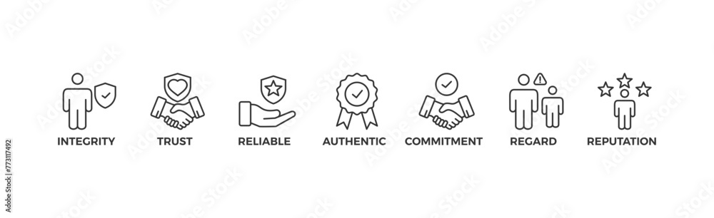 Credibility banner web icon vector illustration concept with icon of integrity, trust, reliable, authentic, commitment, regard, and reputation Credibility banner web icon vector illustration concept with icon of integrity, trust, reliable, authentic, commitment, regard, and reputation