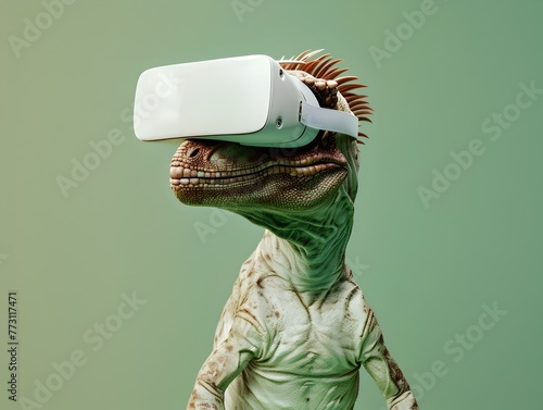 Prehistoric Creature Exploring Virtual Realm with Minimalist Headset in Neutral Tones