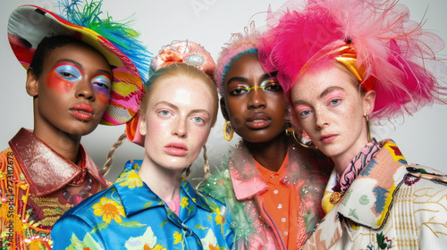 A diverse group of women showcasing vibrant makeup and colorful hairstyles