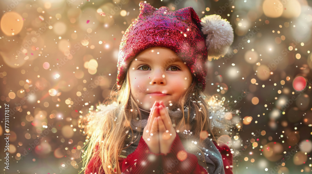 A young girl standing alone in a snowy landscape, with snowflakes falling around her A young girl standing alone in a snowy landscape, with snowflakes falling around her
