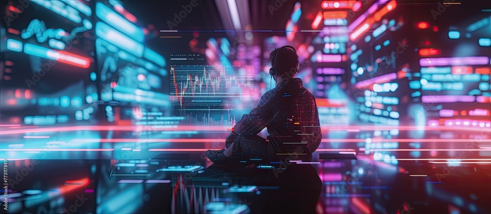 Man in headset views futuristic market hologram, seated on floor đđ§ Immersed in digital finance, no chair needed #TechInvesting Man in headset views futuristic market hologram, seated on floor đđ§ Immersed in digital finance, no chair needed #TechInvesting
