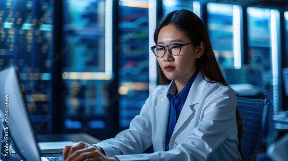 A female scientist wearing a lab coat is focused on her laptop, researching or analyzing data A female scientist wearing a lab coat is focused on her laptop, researching or analyzing data