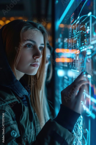 A woman is focused on the computer screen in front of her, with a look of concentration on her face