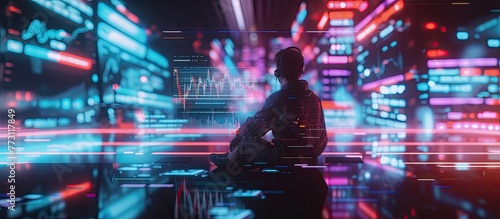 Man in headset views futuristic market hologram  seated on floor          Immersed in digital finance  no chair needed  TechInvesting