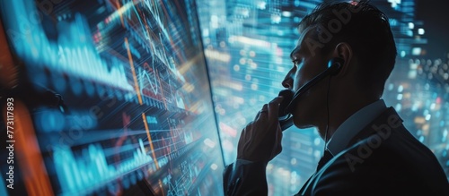 Professional multitasks: phone call while viewing holographic stock display 📱📈 Efficiently managing tasks with tech integration #WorkplaceSurreal