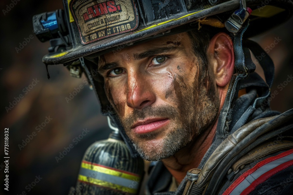 A close-up view capturing a fireman donning a protective helmet, ready to face challenges with bravery and determination A close-up view capturing a fireman donning a protective helmet, ready to face challenges with bravery and determination