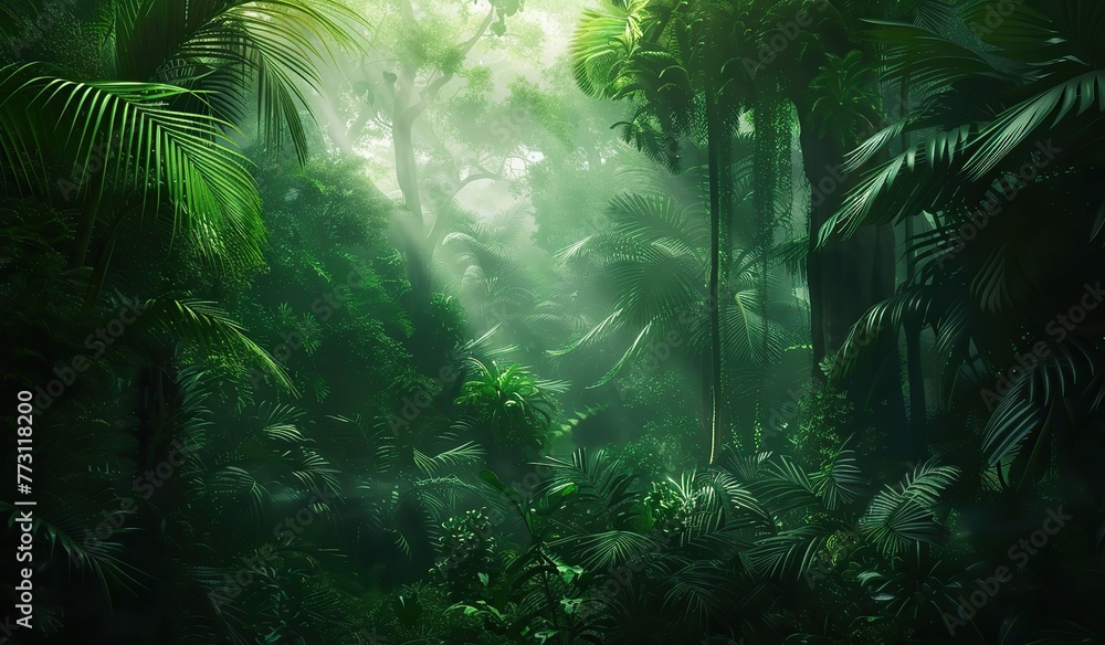 A tropical forest in the mist at dawn. The concept of morning tranquility and nature.