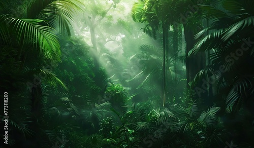 A tropical forest in the mist at dawn. The concept of morning tranquility and nature.