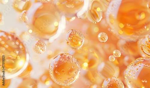 Microscopic golden bubbles on a light background. The concept of a scientific image at the micro level.