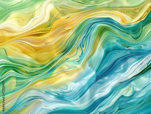 A painting of a wave with a yellow and blue background
