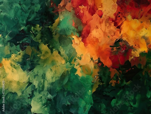 A painting of a green and yellow flower with red splatters