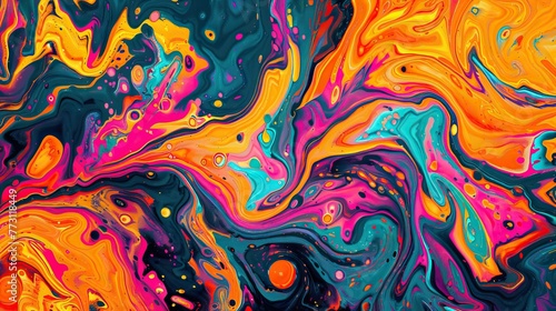 A colorful painting with a swirl of colors and a splash of orange