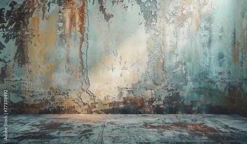 Abandoned wall with rust streaks and flaking paint. The concept of decay and oblivion. photo