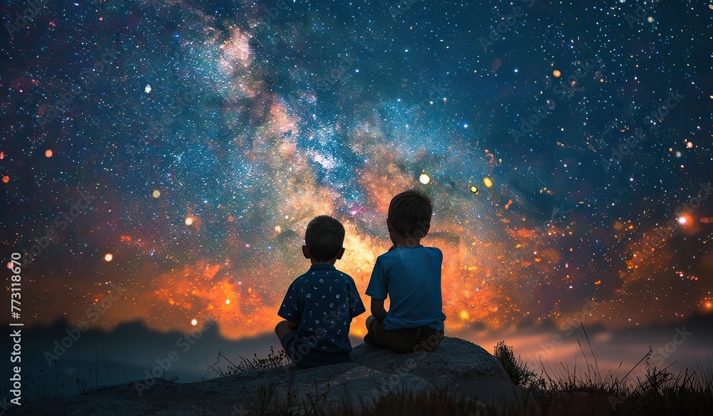 Two children sitting and looking at the Milky Way. The concept of childlike amazement and the grandeur of the universe.