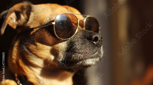 Zbliżenie na pyszczek psa w przeciwsłonecznych okularach