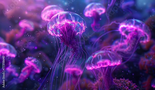 A group of illuminated jellyfish floating in the ocean depth. The concept of a mysterious marine animal world. © volga