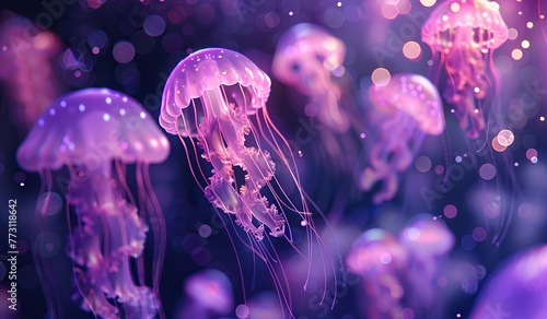 Purple jellyfish glowing in oceanic darkness. The concept of a mystical marine animal world. © volga