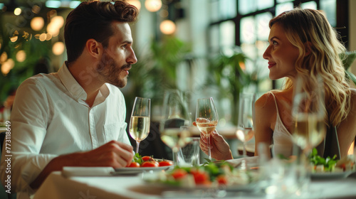 A man and woman are sitting at a table with wine glasses and plates of food