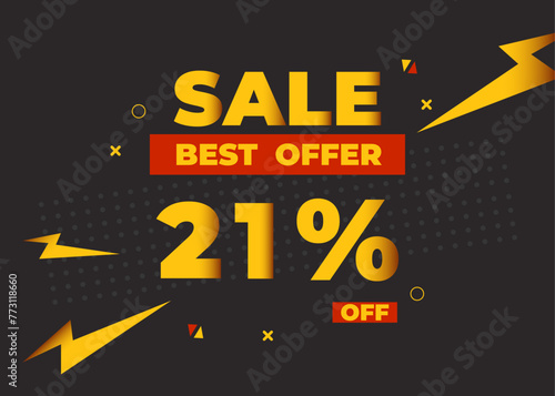 21% off sale best offer. Sale banner with twenty one percent of discount, coupon or voucher vector illustration. Yellow and red template for campaign or promotion.