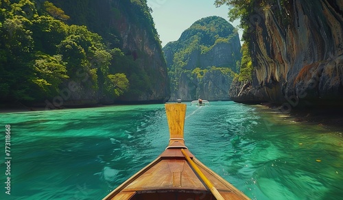 Boat with a view of emerald waters and karst cliffs. The concept of tropical relaxation and adventure.