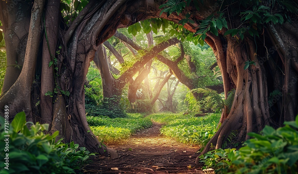 Path in a tropical forest with bright sun rays. The concept of a natural landscape. Path in a tropical forest with bright sun rays. The concept of a natural landscape.