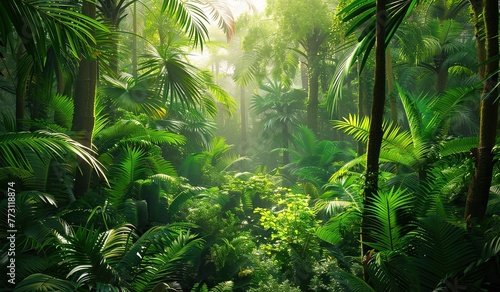 Tropical forest with sunlight piercing through foliage. The concept of nature and the tropics.