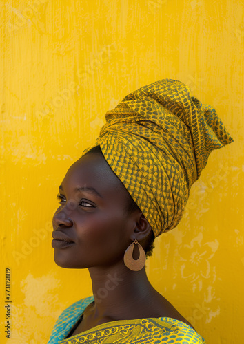 A Portrait of a Black Female Against a Vibrant Yellow Wall Wearing a Yellow Headscarf