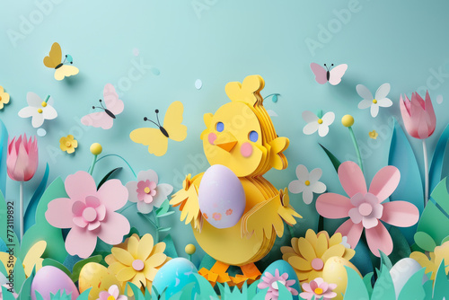 Easter Chick Paper Cut Art: Egg, Flowers, Butterflies