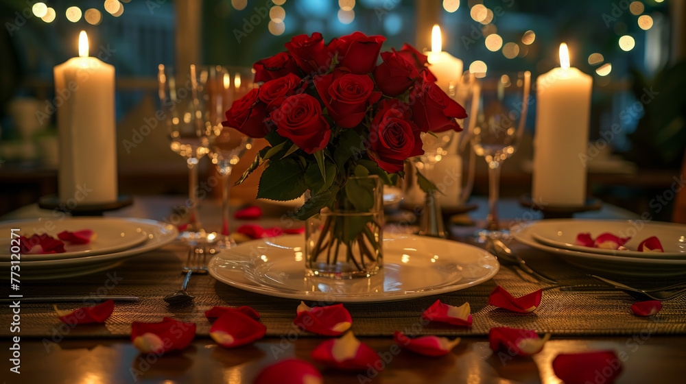 A romantic dinner with a table set with candles, wine glasses